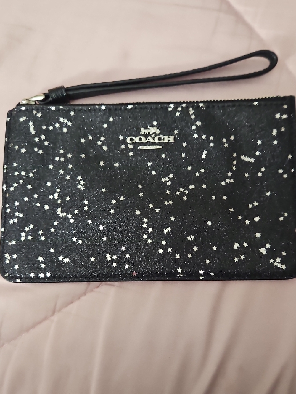 Coach Black Glitter Star Wristlet with Silver Accents